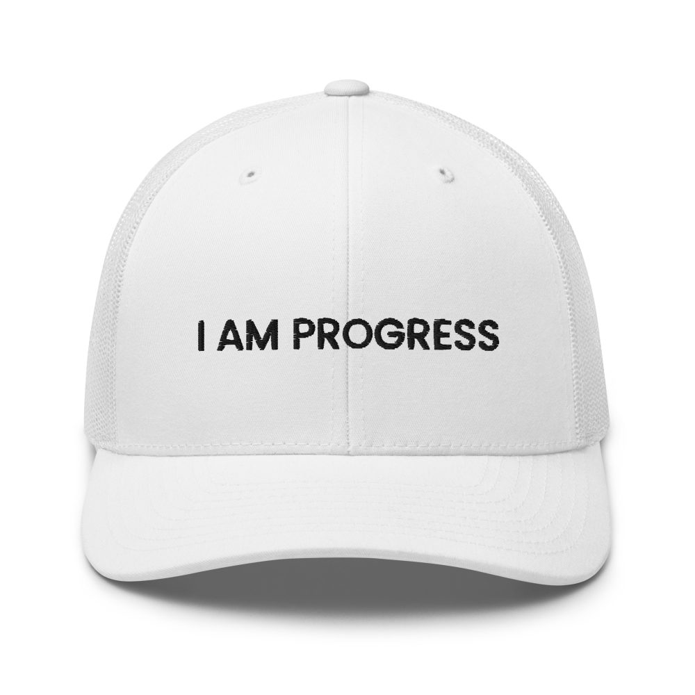 I Am Progress White Hat with Black Lettering