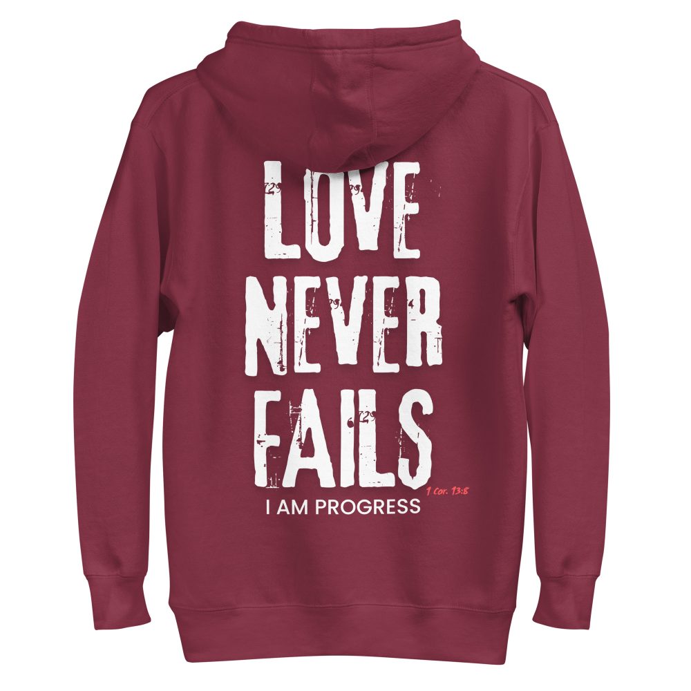 unisex-premium-hoodie-maroon-back-668d365ca7915.jpg I Am Progress® 01 Love Never Fails Hoodie | Burgundy